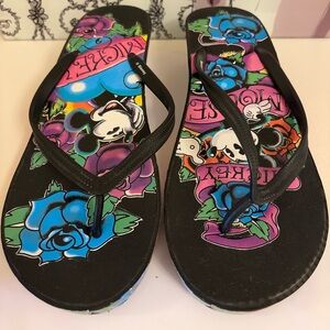Disney Black Flip Flop Sandals with Blue & Purple Floral Mickey Print - Size 10